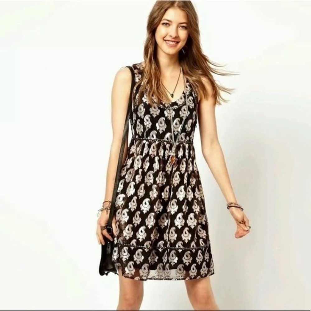 Free‎ People Dress Womens 4 Sleeveless Metallic Studded Jacquard Mini Boho Party